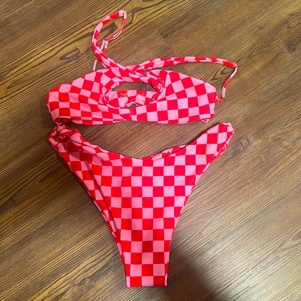 Skatie pink and red bikini XS top small bottom